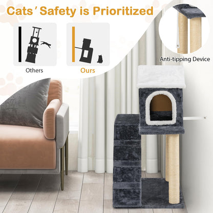 90cm Modern Cat Tree 3-level Cat Condo Furniture with Openable Roof