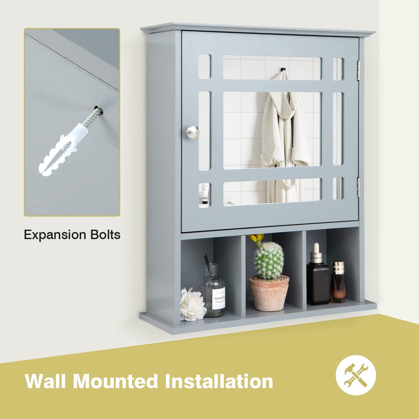 Mirror Door Cabinet with Adjustable Shelf and 3 Compartments