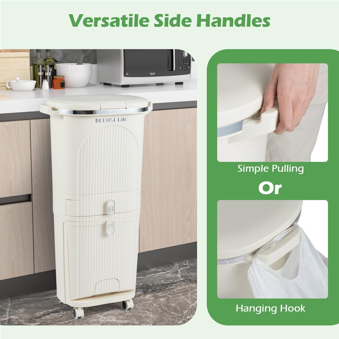 Recycling Bins, 42L Dry and Wet Separation Trash Can with 3 Compartments, Wheels, Stickers & Handl