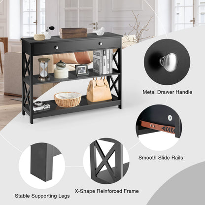 X-Shaped Sofa Side End Table with Drawer and 2 Storage Shelves