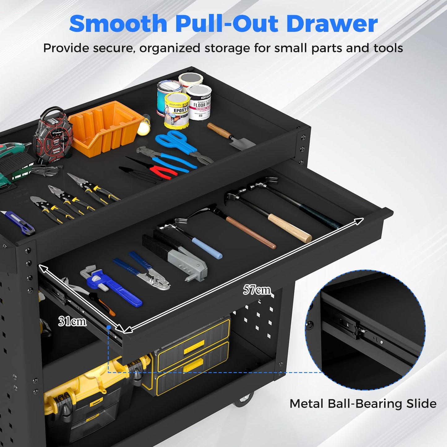 3-Tier Tool Trolley on Wheels, Lockable Metal Mechanic Tool Cart with Drawer
