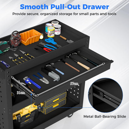 3-Tier Tool Trolley on Wheels, Lockable Metal Mechanic Tool Cart with Drawer