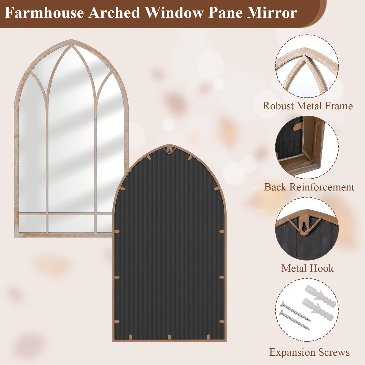 Arched Window Wall Mirror, Farmhouse Hanging Accent Decorative Mirror