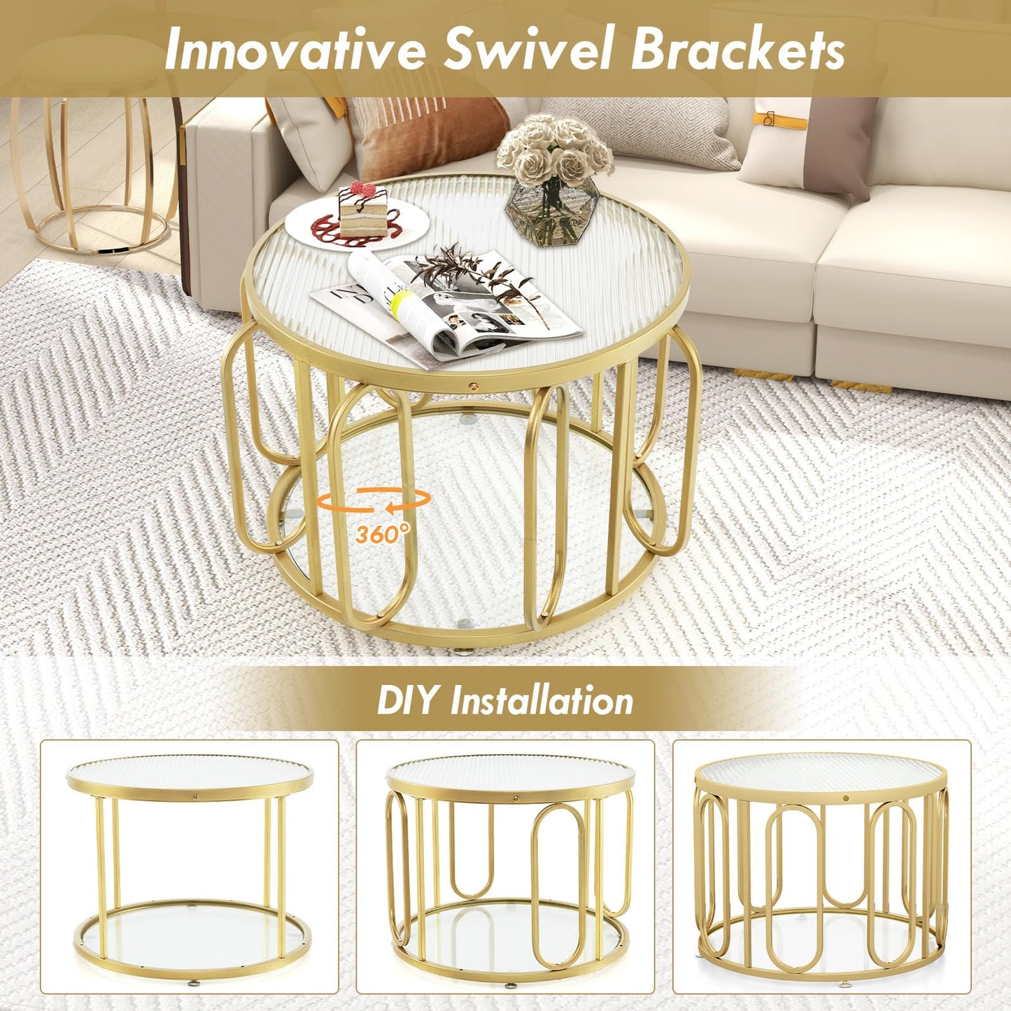 24 Inch Round Coffee Table with Reeded Tempered Glass Top