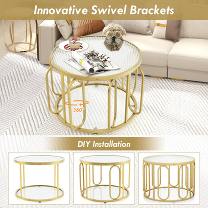 24 Inch Round Coffee Table with Reeded Tempered Glass Top