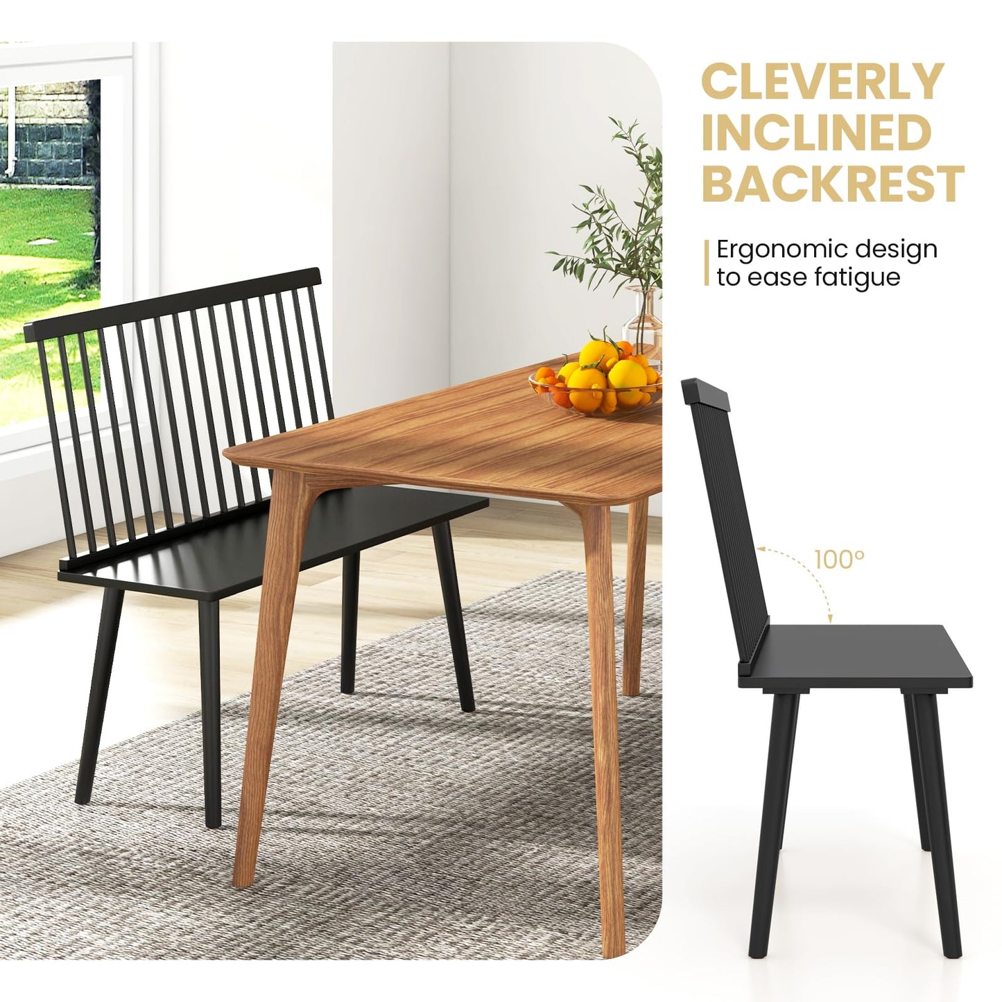 Dining Bench, Entryway Bench with Removable Spindle Back & Anti-slip Foot Pads