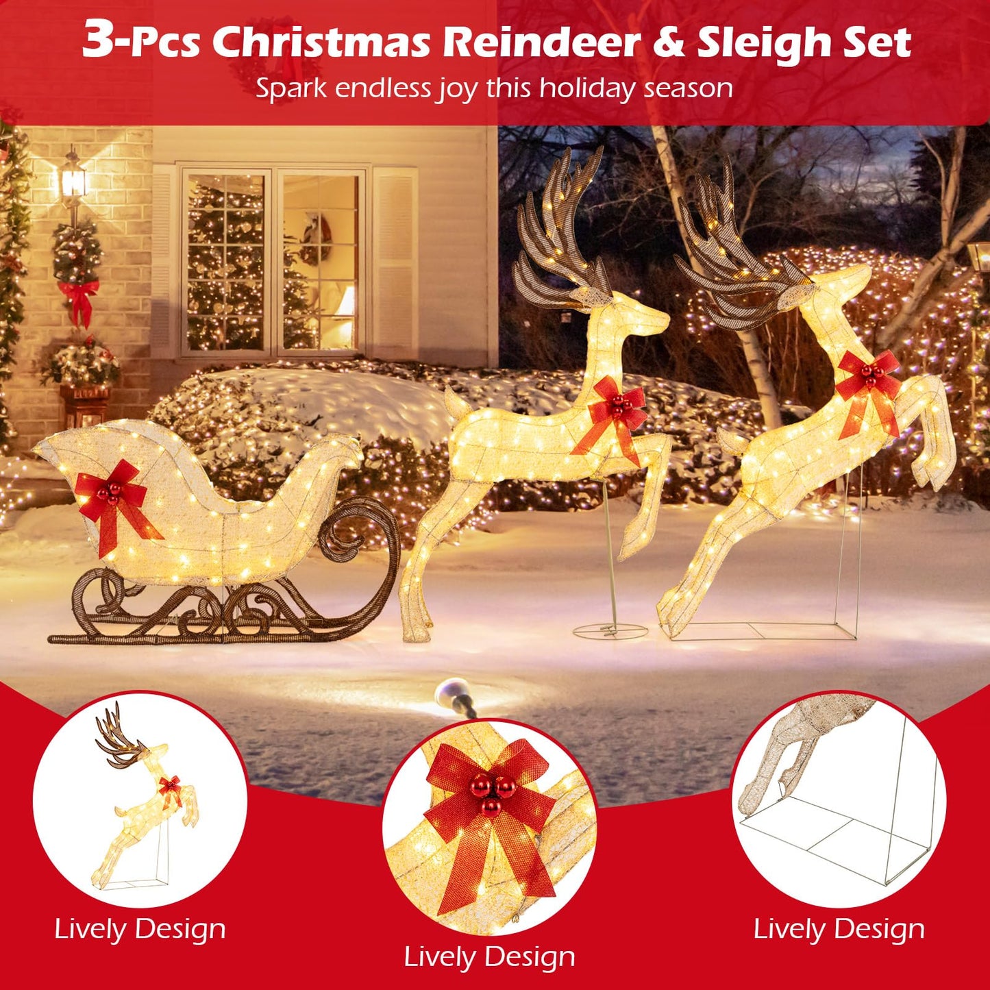 3-Piece Christmas Lighted Reindeer and Sleigh Set Lighted Deer Decoration