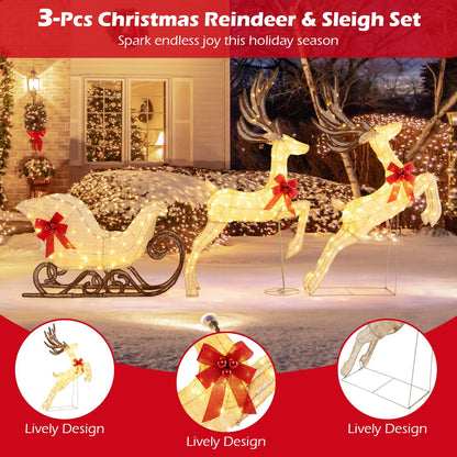 3-Piece Christmas Lighted Reindeer and Sleigh Set Lighted Deer Decoration
