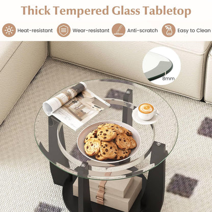 Tempered Glass Coffee Table, 2-Tier Round Cocktail Center Snack Tea Table