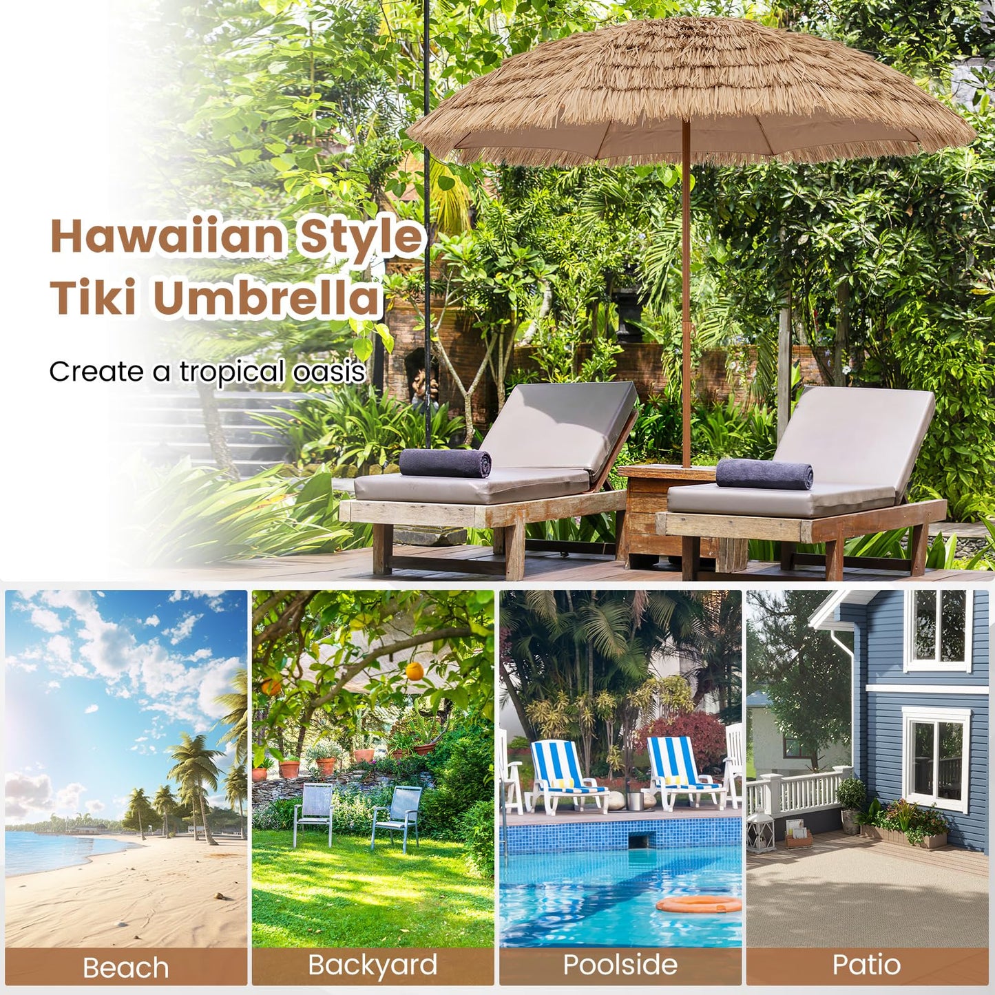 Folding Tilting Thatch Tiki Sun Umbrella with 8 Ribs