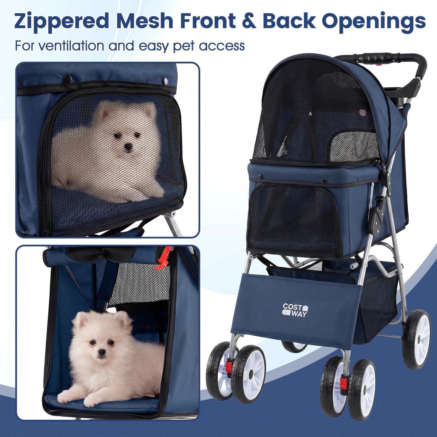 Pet Stroller, 4 Wheels Foldable Dog Pushchair Cat Pram with Adjustable Canopy