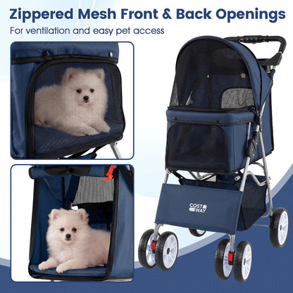 Pet Stroller, 4 Wheels Foldable Dog Pushchair Cat Pram with Adjustable Canopy