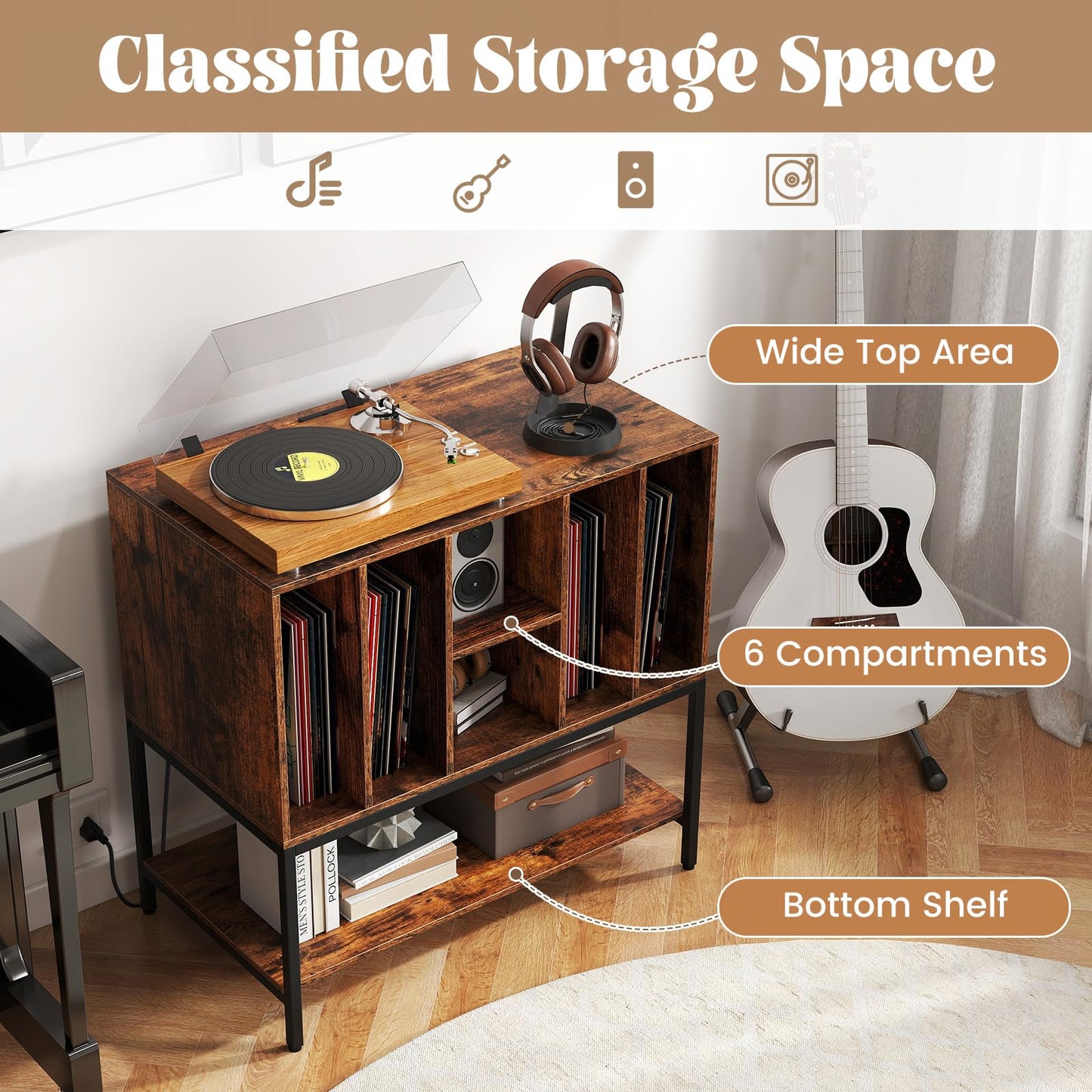 Record Player Stand with Charging Station for Living Room