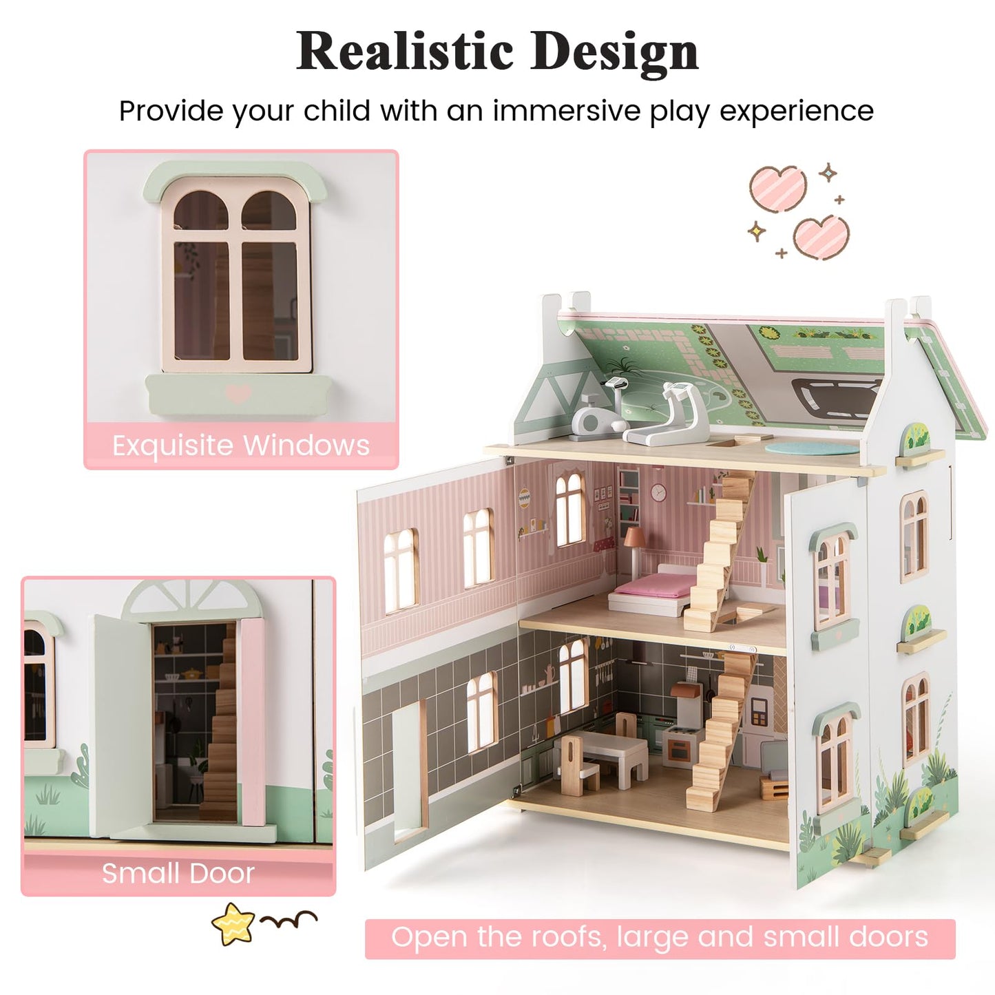 Wooden Dollhouse with Furniture and Accessories for Kids