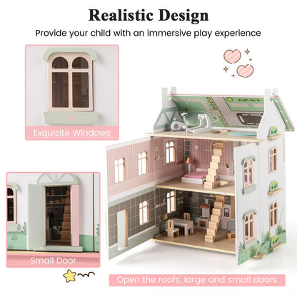Wooden Dollhouse with Furniture and Accessories for Kids
