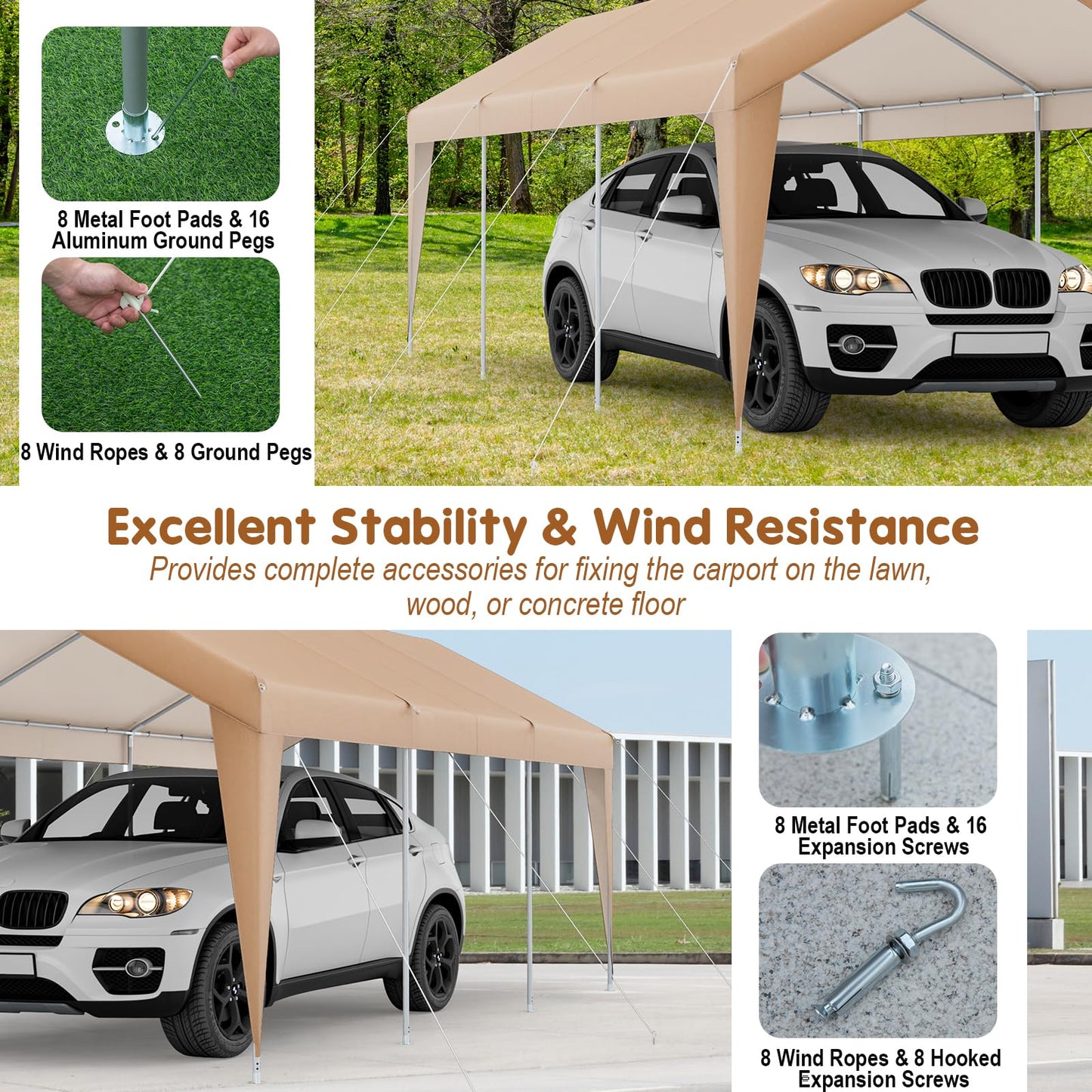 3mx6m Carport, Heavy Duty Galvanized Car Canopy with Waterproof Tear Resistance Cover