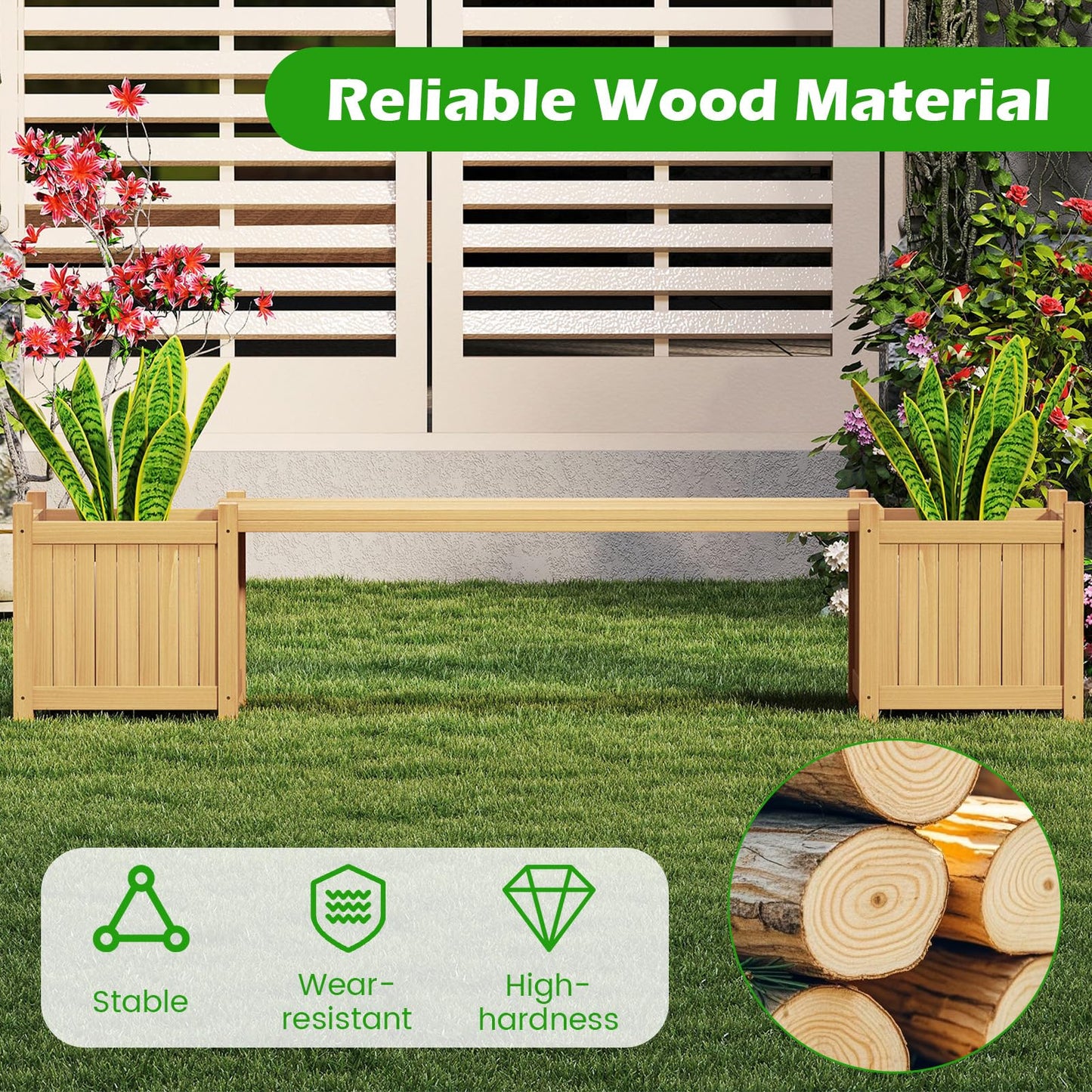 3-in-1 Wooden Planter with Bench, Raised Garden Bed with Seat and Open-ended Bottom