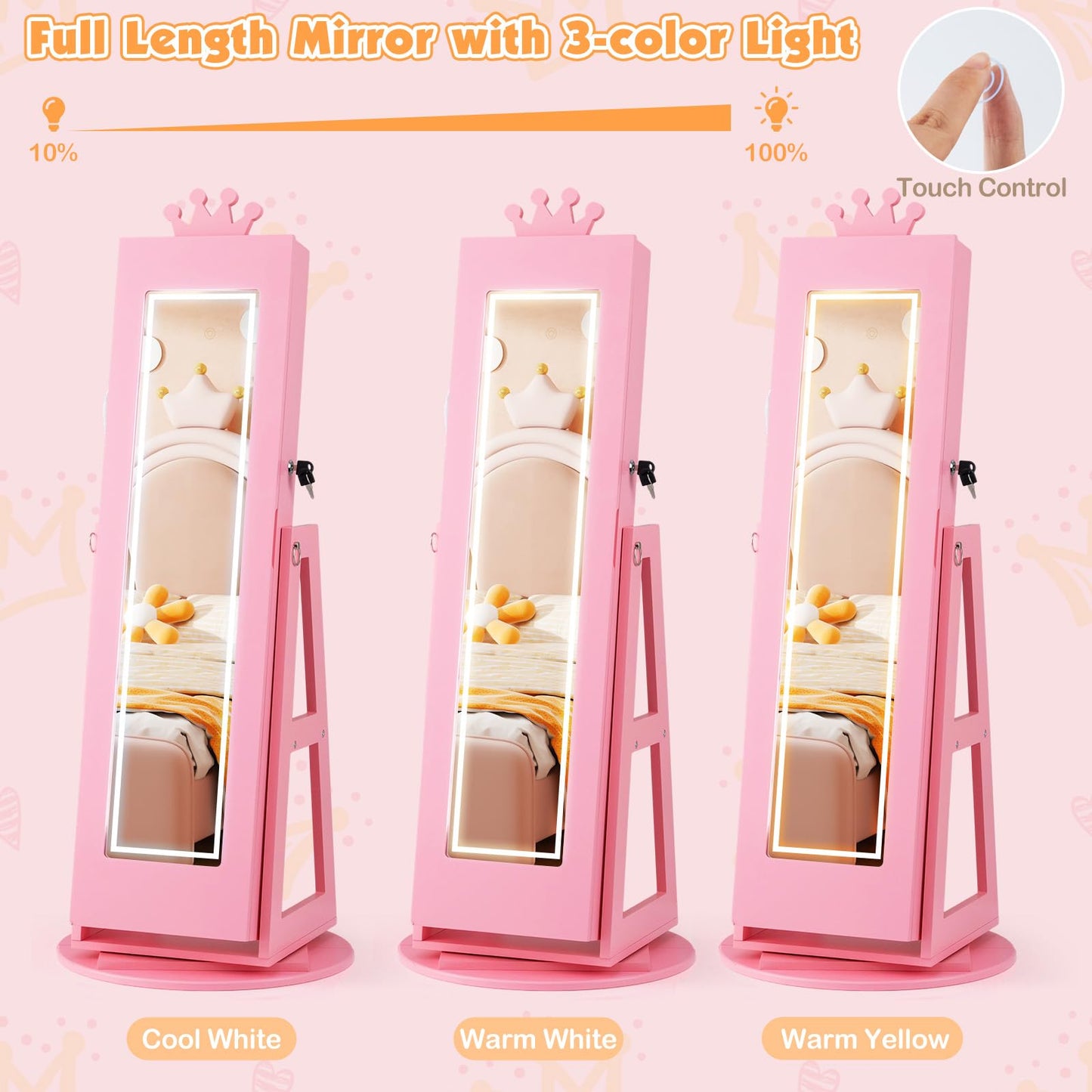 3 In 1 Kids Jewelry Cabinet 360° Swivel Jewelry Armoire with Mirror