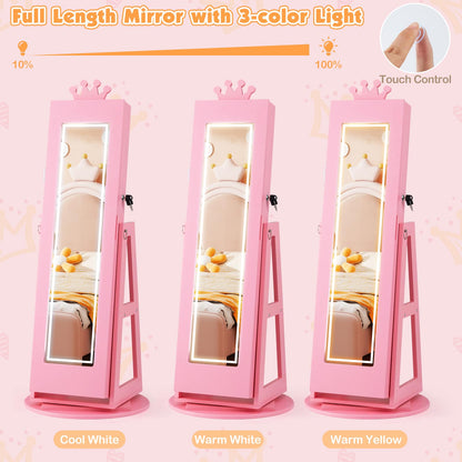 3 In 1 Kids Jewelry Cabinet 360° Swivel Jewelry Armoire with Mirror