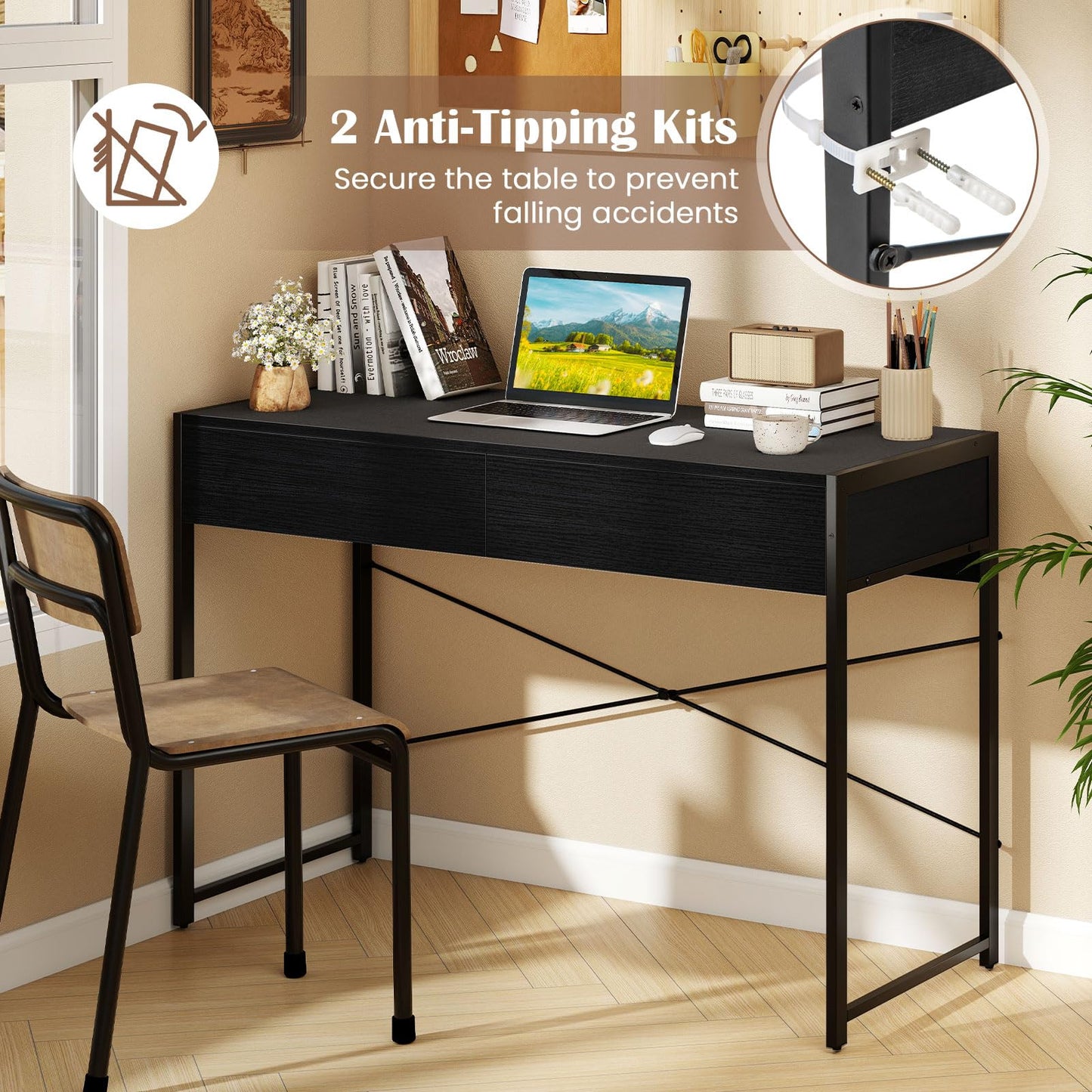 Computer Desk with 2 Drawers Vanity Table with Heavy-Duty Metal Frame