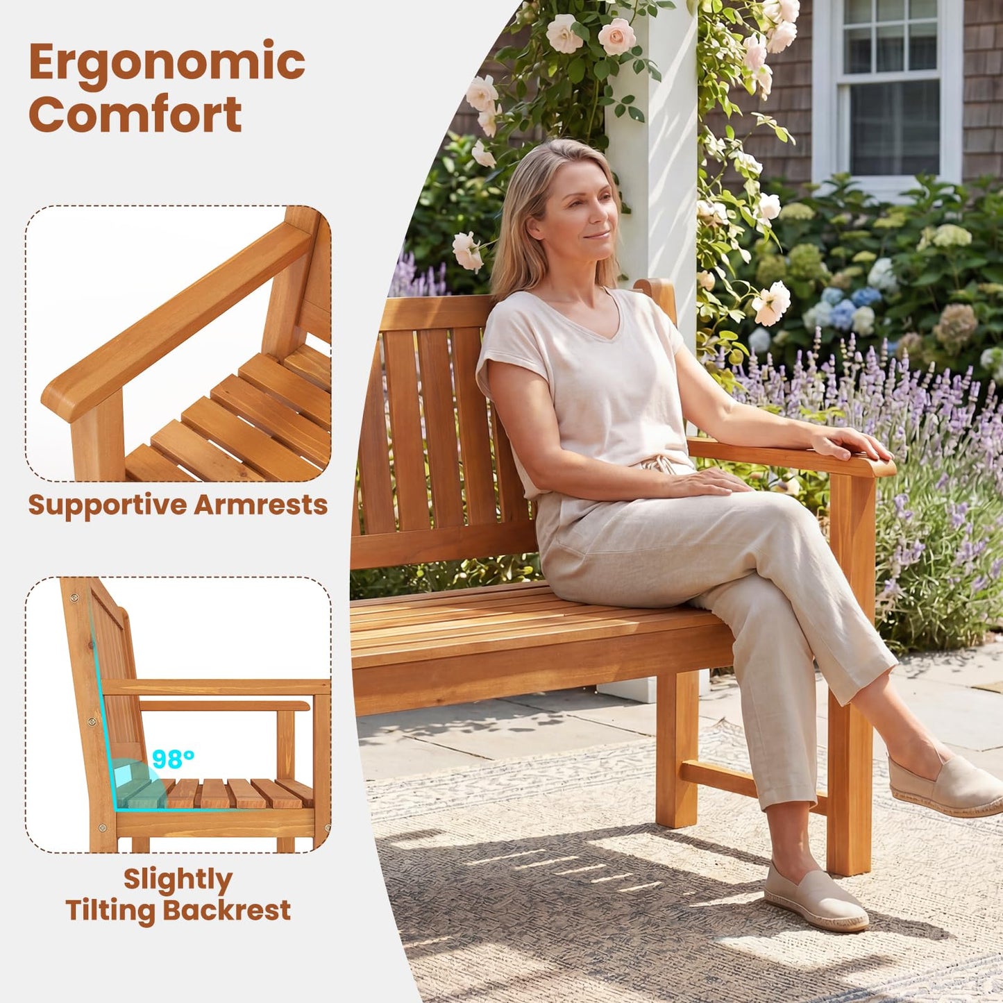 2/3-Person Garden Bench, All-Weather Wooden Patio Loveseat Park Bench Chair