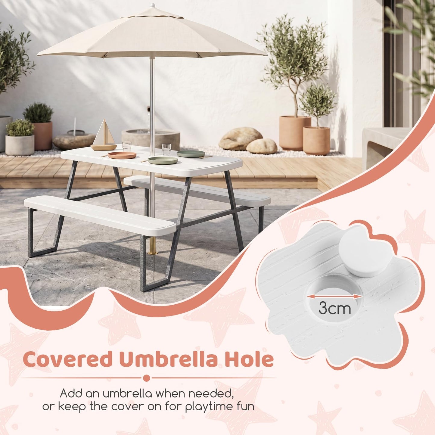 Camping Table and Chairs with Umbrella Hole and Metal Frame for Boys Girls Ages 3-8