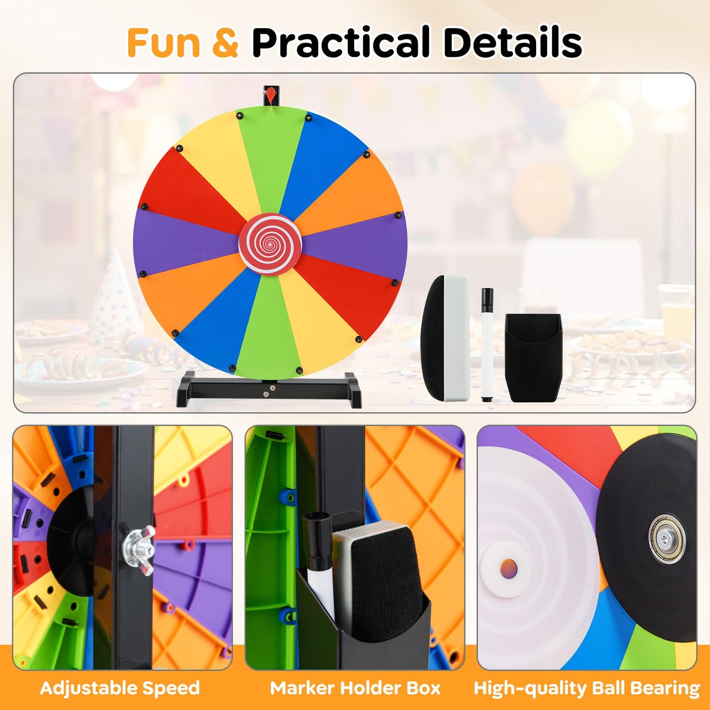 60cm Colorful Tabletop Prize Wheel with Stand Dry Erase Marker and Eraser for Carnival