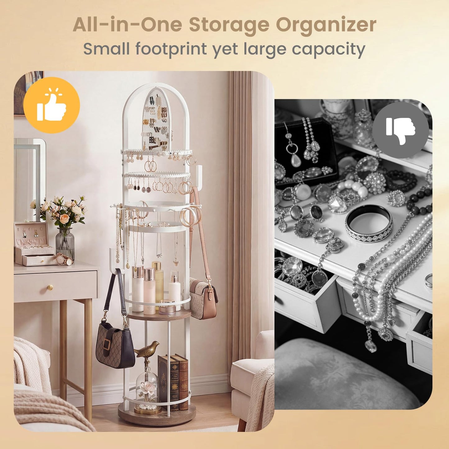 Jewelry Organizer Stand, 360° Rotating Floor Standing Jewelry Storage Rack with Earring Necklace Holders