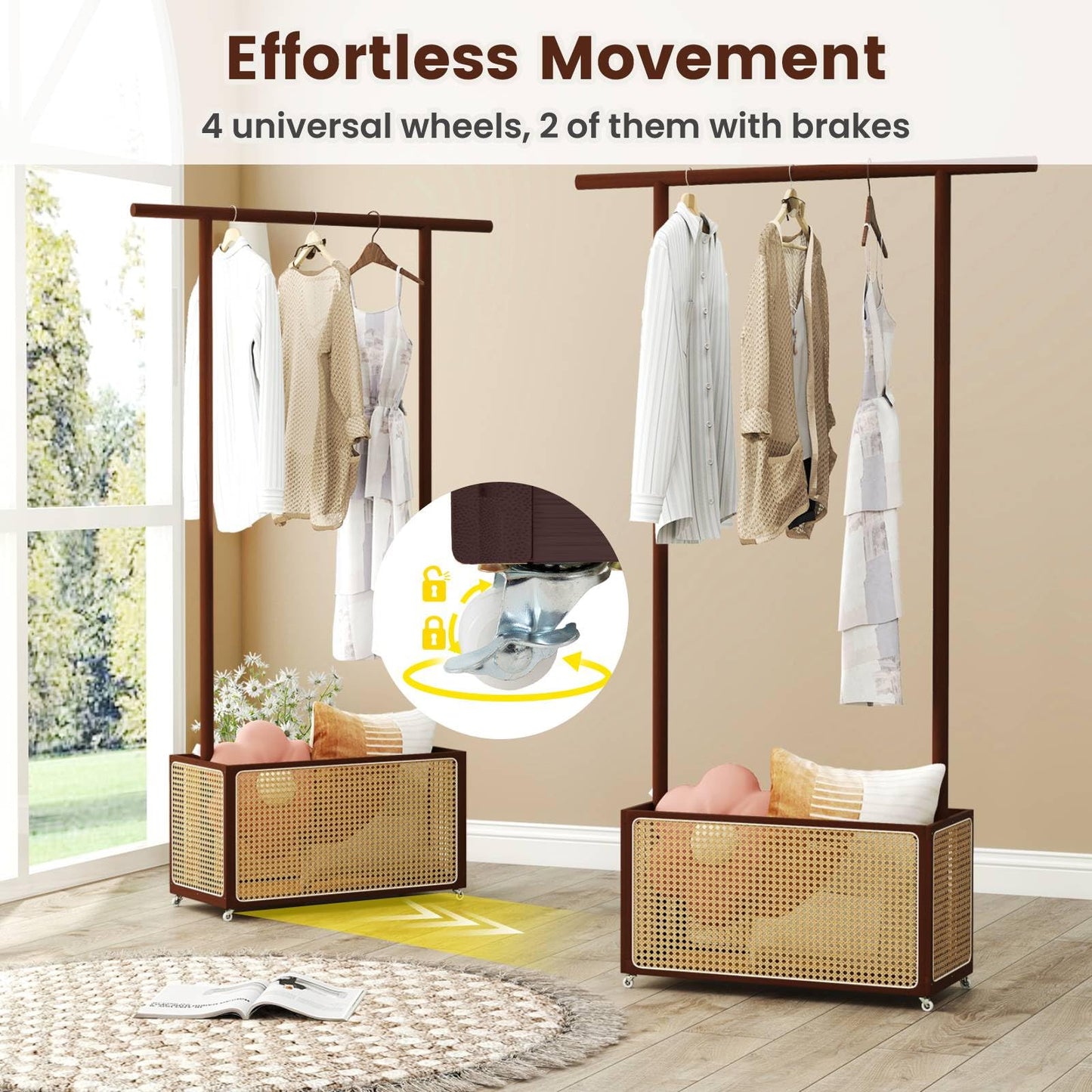 Bamboo Clothes Rack 2-In-1 Clothing Hanging Rail