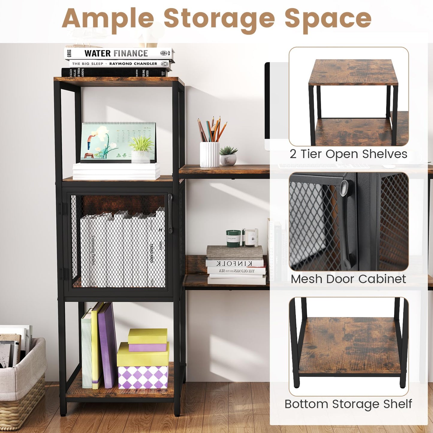 Computer Desk, 2-in-1 Workstation PC Laptop Table with Storage Bookshelf