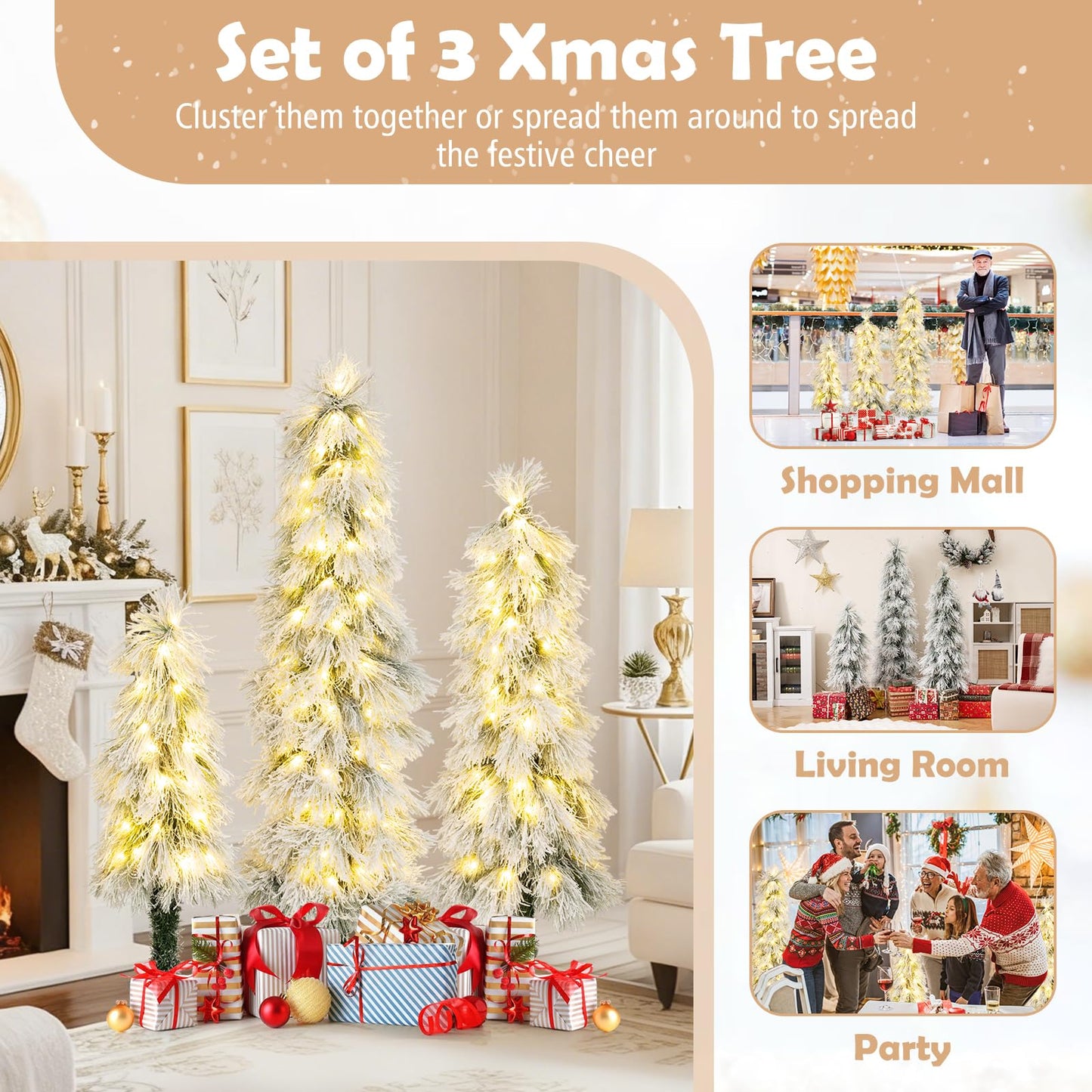 3’ 4’ 5’ Artificial Christmas Tree Set with Branch Tips and LED Lights