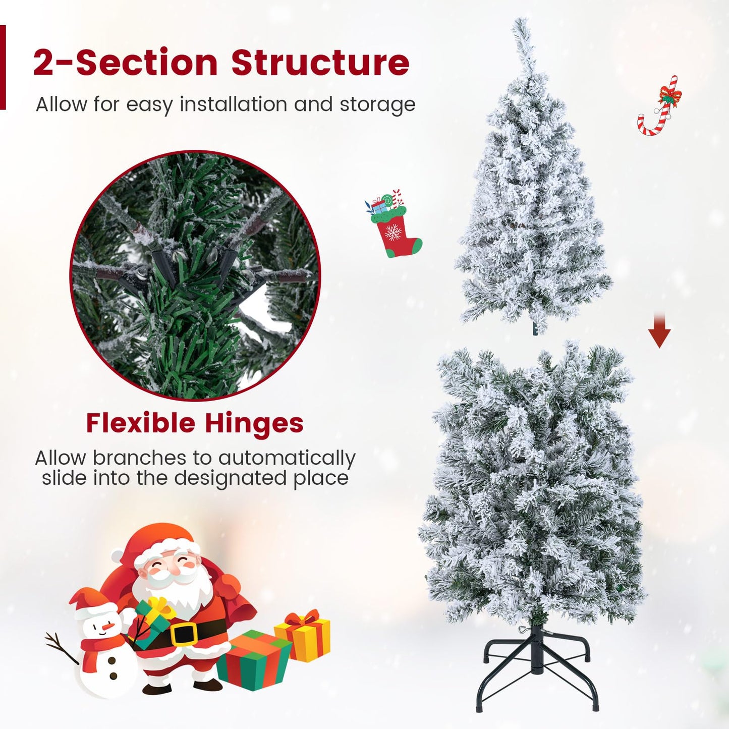 Pre-lit Snow Flocked Christmas Tree, Hinged Artificial Slim Pencil Xmas Tree with Lights