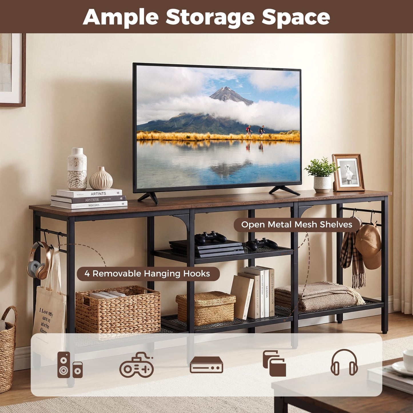 TV Unit for 65 Inch TVs, 140cm Industrial TV Stand Cabinet with Mesh Storage Shelves