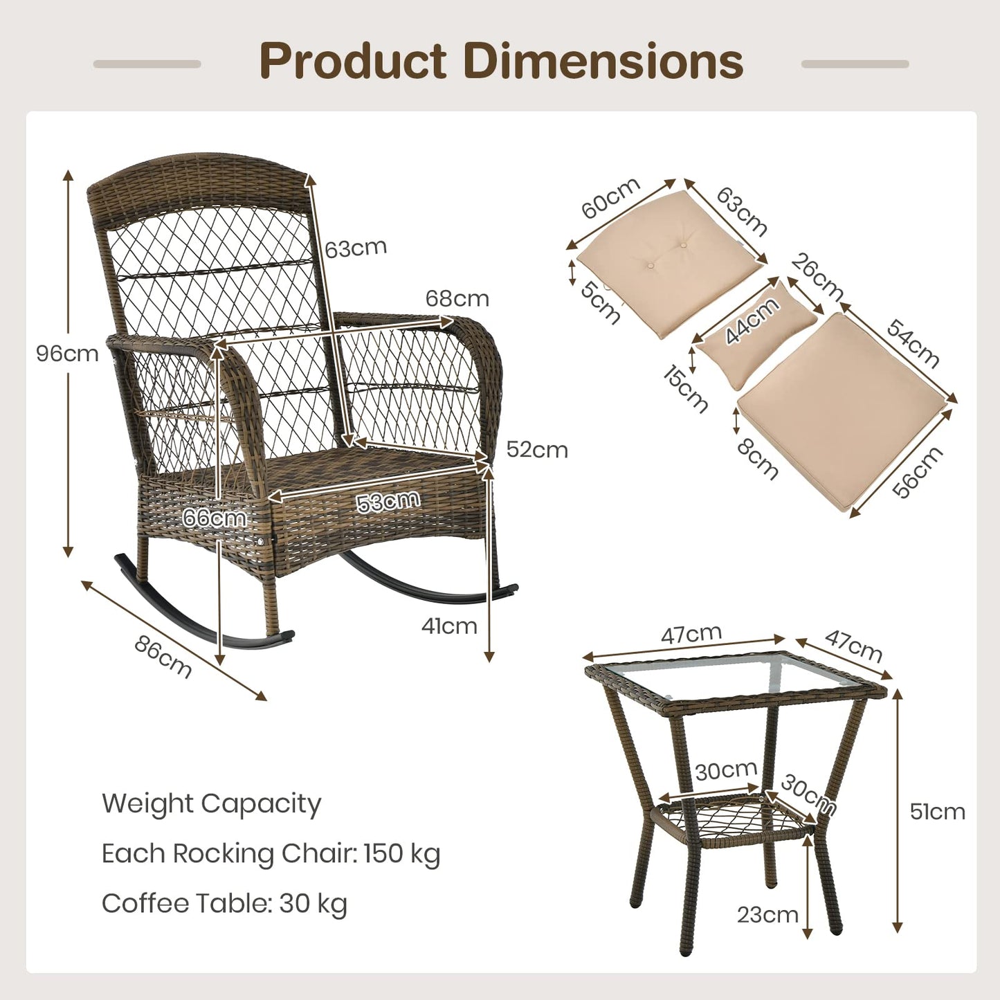 Outdoor Rocking Chairs and Table Set with Cushions and Pillows
