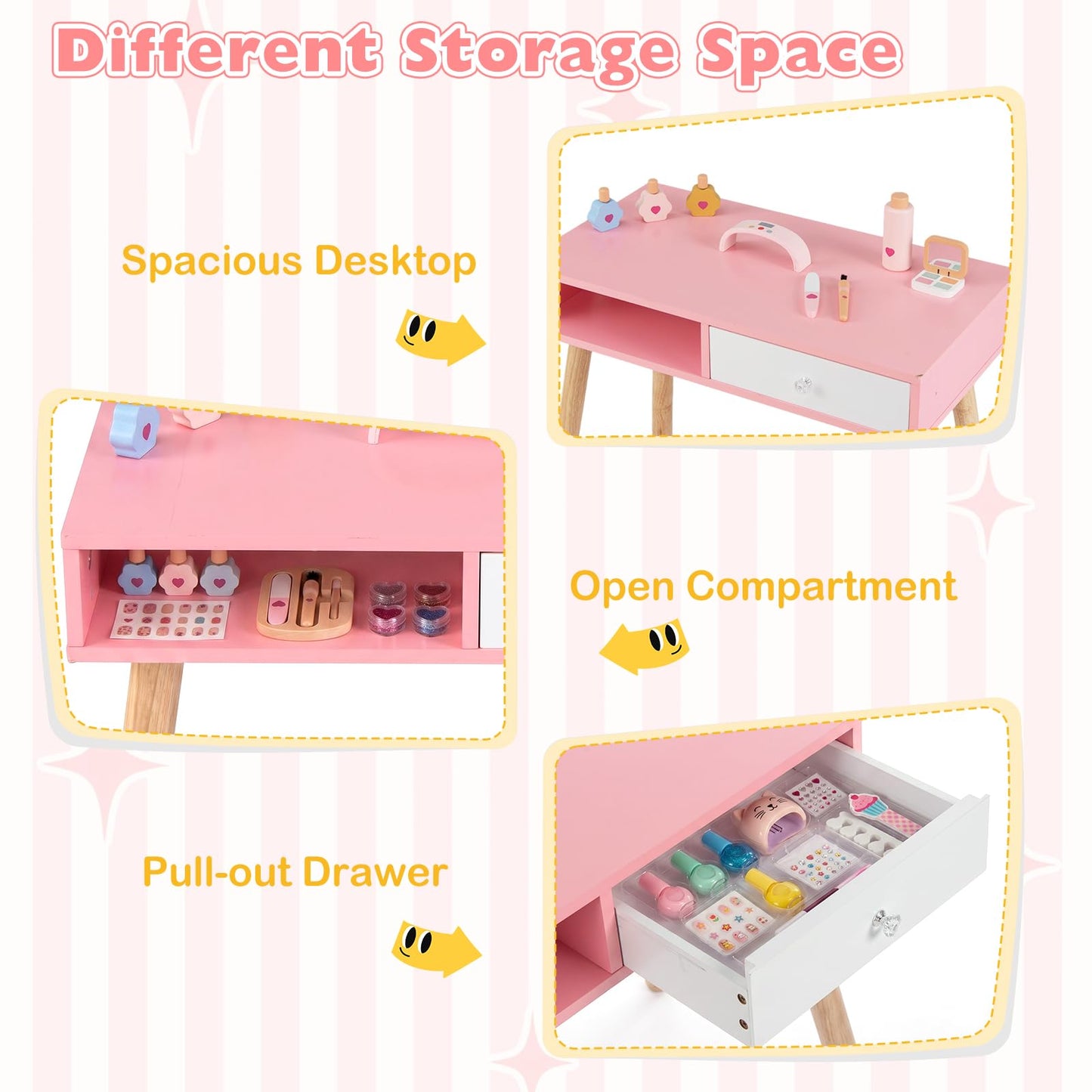 Kids Pretend Nail Salon Playset with Chair and Stool Wooden Toddlers Makeup and Manicure Kit