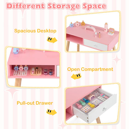 Kids Pretend Nail Salon Playset with Chair and Stool Wooden Toddlers Makeup and Manicure Kit