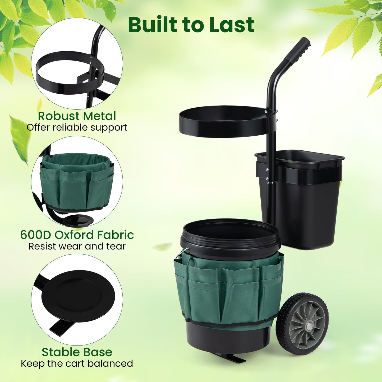 Heavy Duty Rolling Garden Cart with Wheels and Round Bucket
