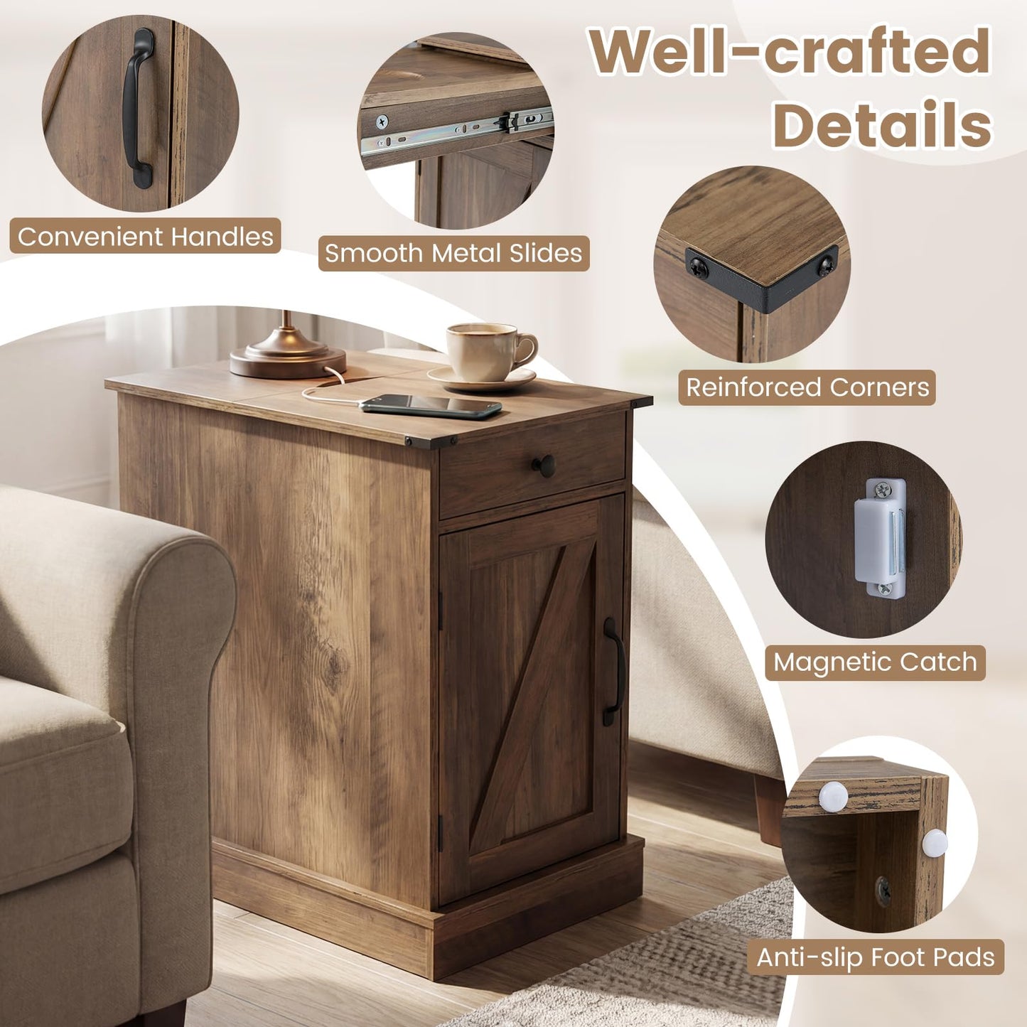 End Table with Charging Station Farmhouse Bedside Table with Storage Drawer