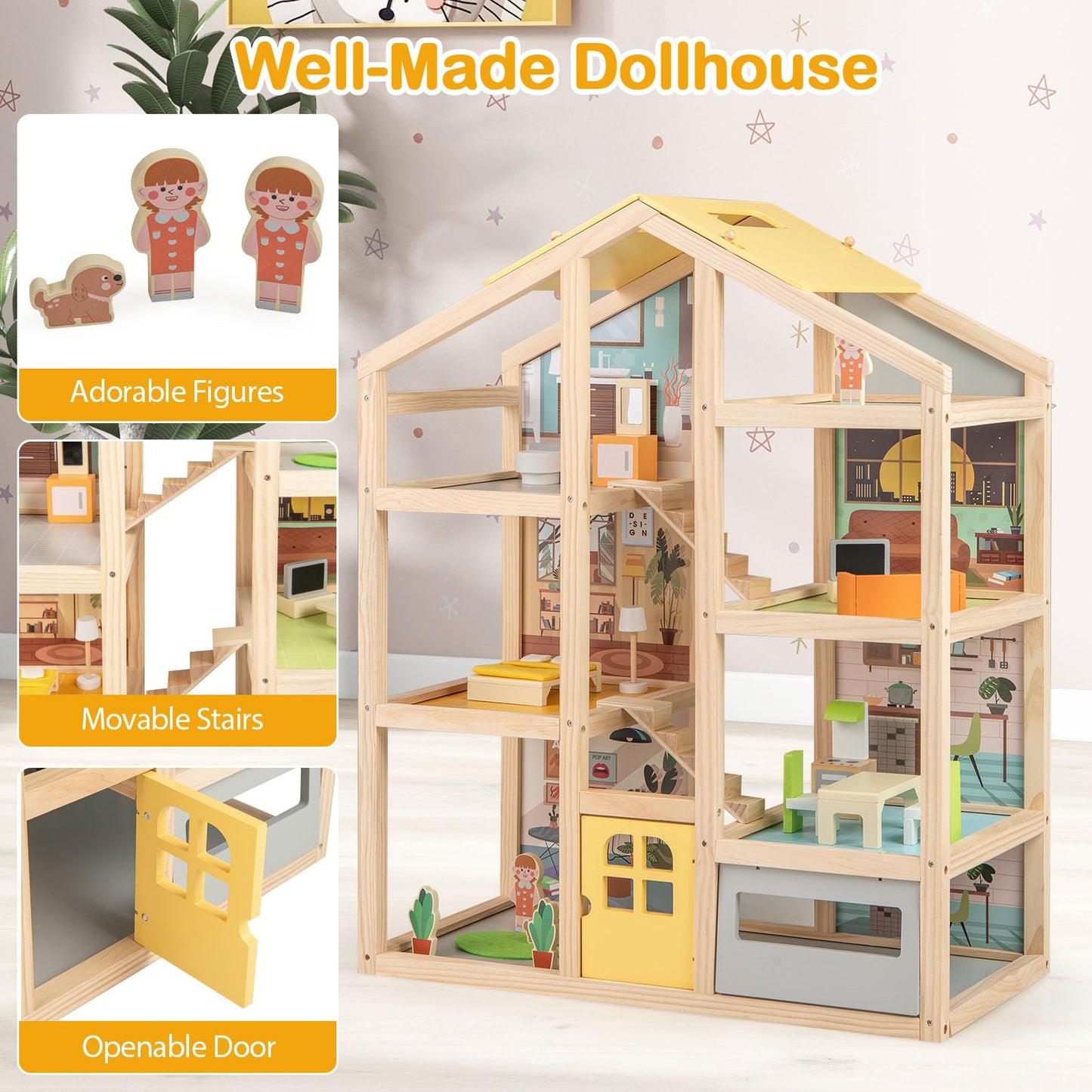 Kids Wooden Dollhouse with 7 Rooms and 18 Pcs Furniture Accessories