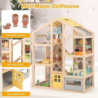 Kids Wooden Dollhouse with 7 Rooms and 18 Pcs Furniture Accessories