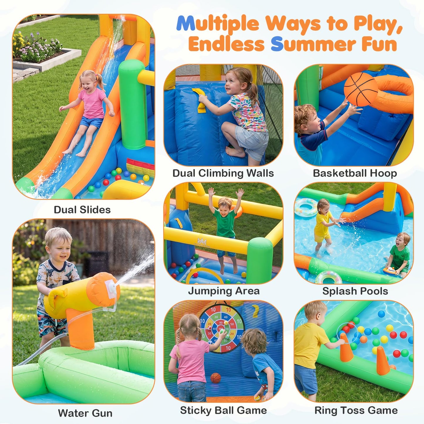 11-in-1 Inflatable Bounce House with Water Slides for Kids without Blower