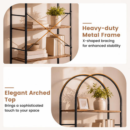 5-Tier Arched Bookshelf, Metal Frame Bookcase Shelving Unit, Freestanding Display Storage Organizer