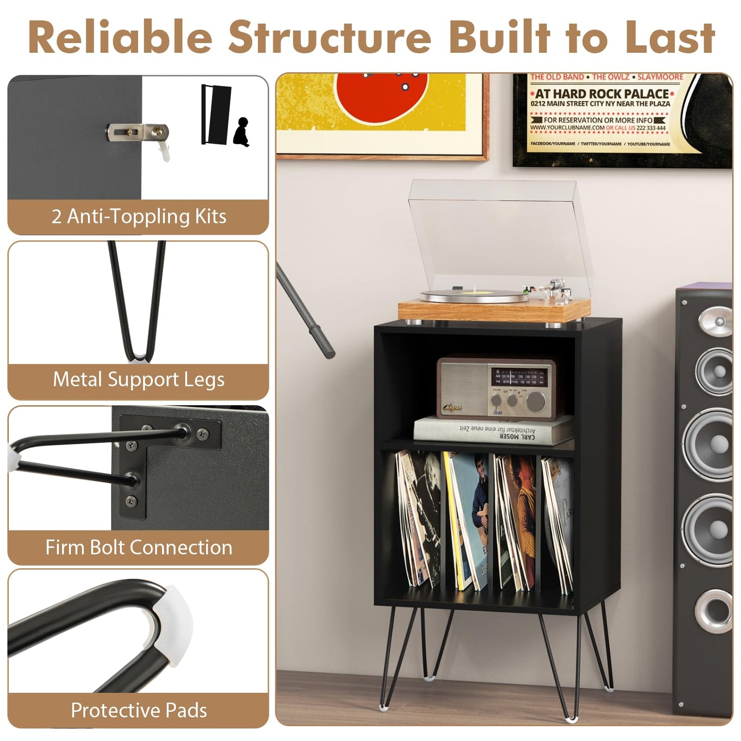 Record Player Stand, Wooden Vinyl Albums Storage Cabinet Holder