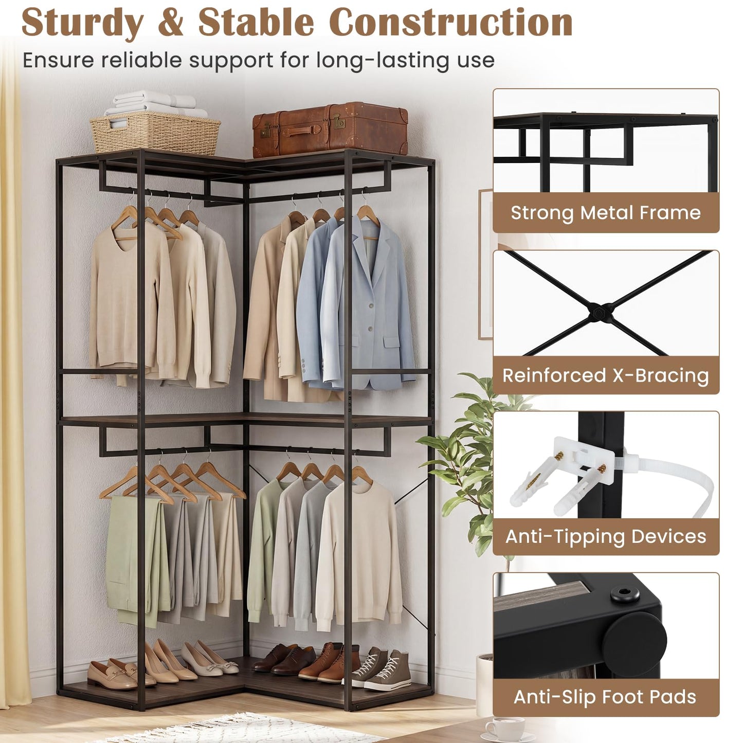 L-Shaped Metal Clothes Rail, 200cm Tall Corner Garment Clothes Rack