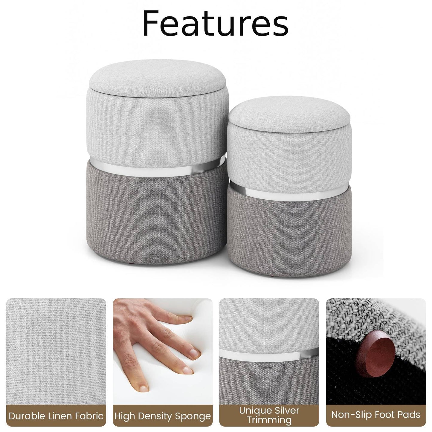 Modern Round Linen Fabric Storage Ottoman Set of 2