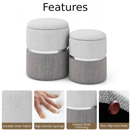 Modern Round Linen Fabric Storage Ottoman Set of 2