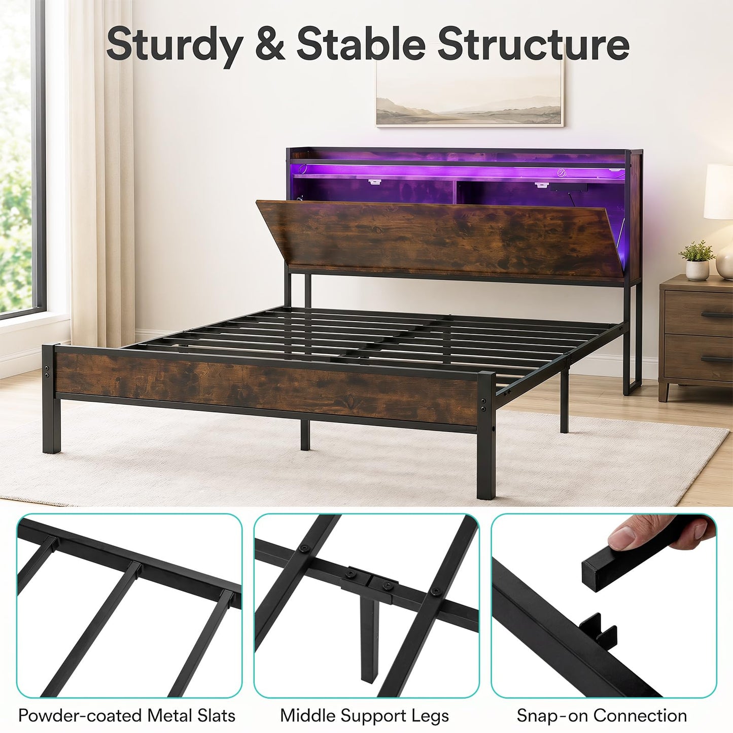 King Size Bed Frame with LED Lights, Charging Station,5ft-150x200cm