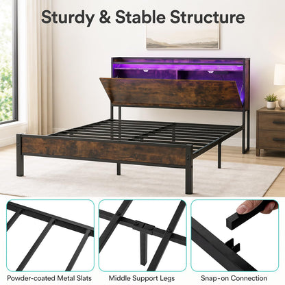 King Size Bed Frame with LED Lights, Charging Station,5ft-150x200cm
