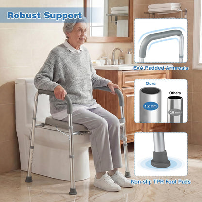 Adjustable Height and Width Raised Toilet Seat for Seniors with Padded Arms and Storage Bag
