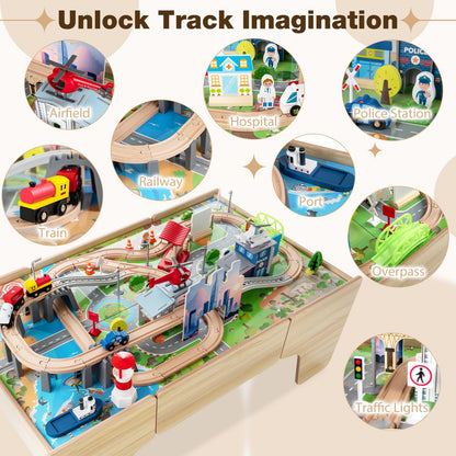 Wooden Train Track Set, 3-in-1 Kids Activity Table